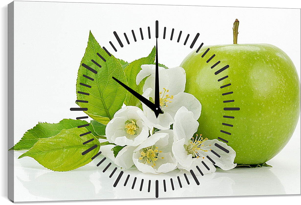 Часы картина - Зелёное яблоко и цветы