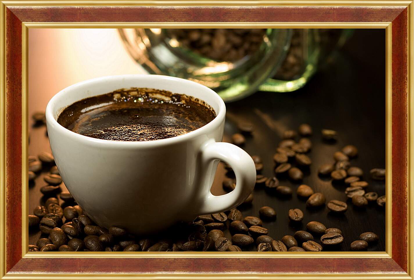 Картина в раме - Кофейные зёрна и чашка кофе