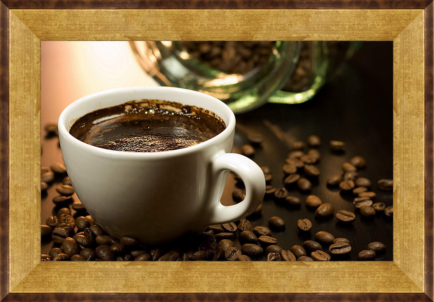 Картина в раме - Кофейные зёрна и чашка кофе
