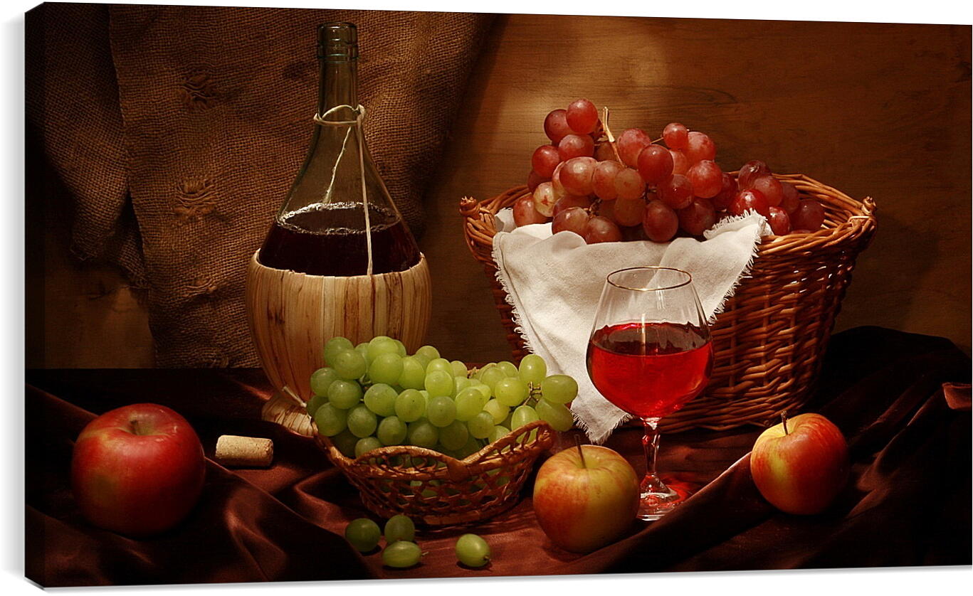 Постер и плакат - Бутылка вина с бокалом и фрукты
