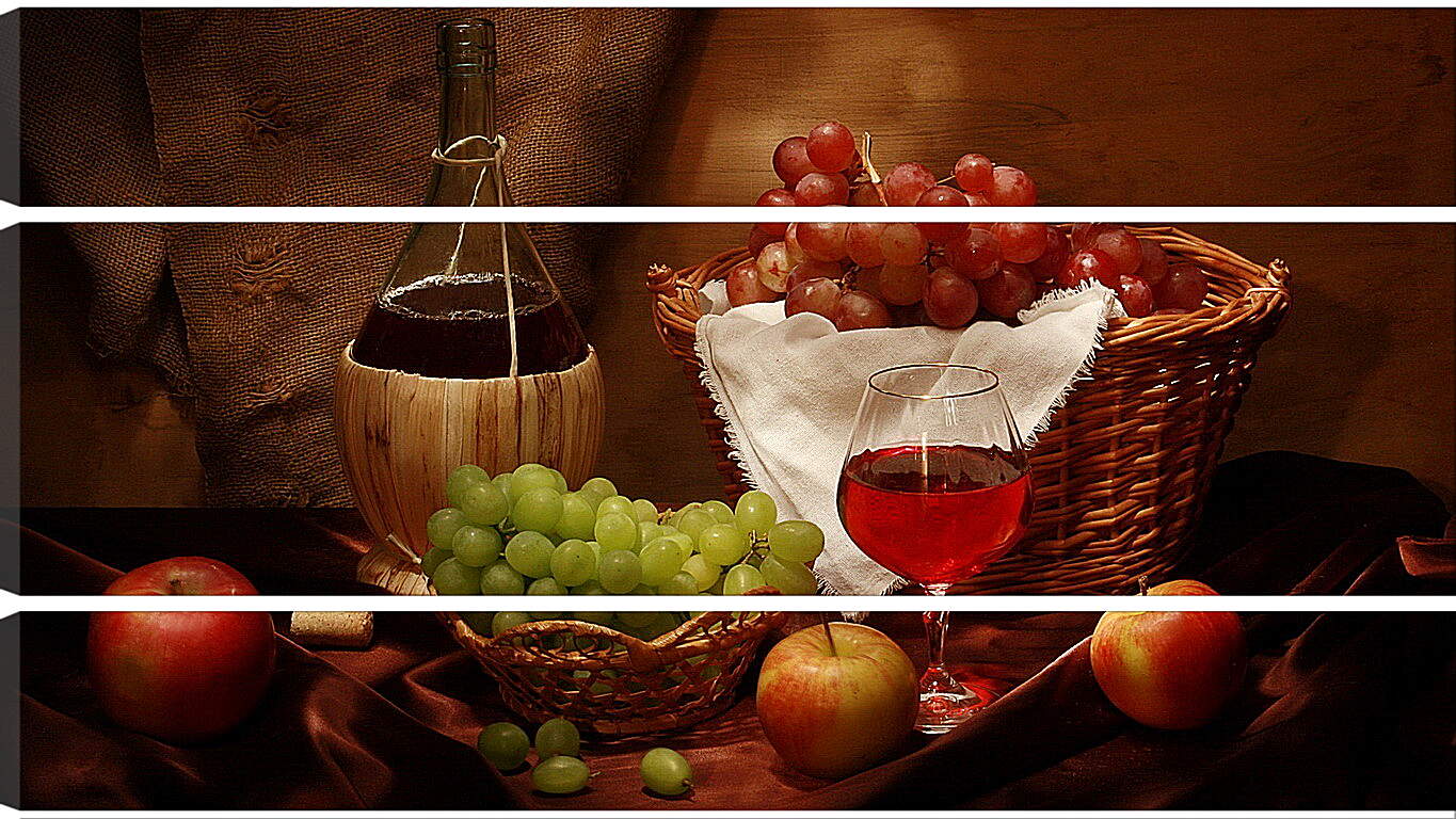 Модульная картина - Бутылка вина с бокалом и фрукты