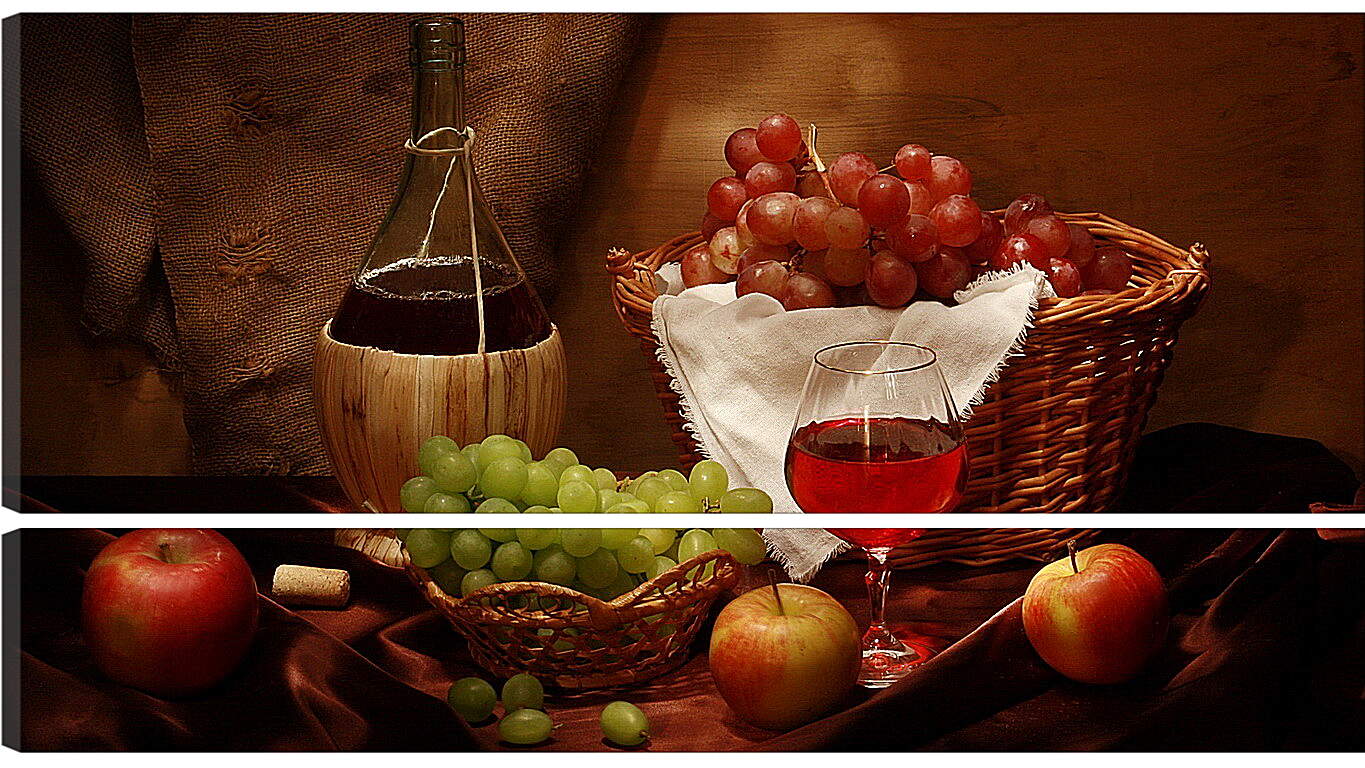 Модульная картина - Бутылка вина с бокалом и фрукты
