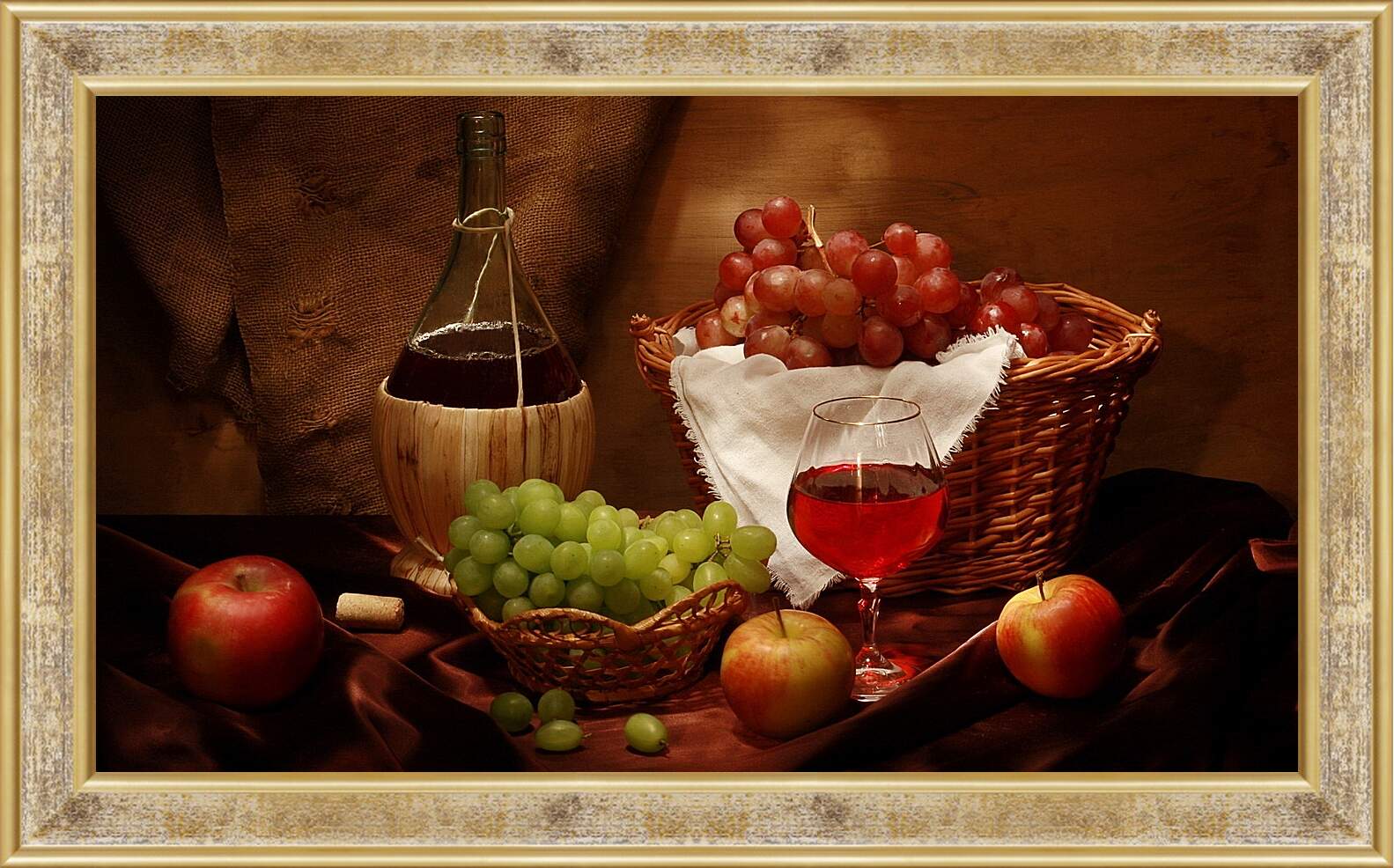 Картина в раме - Бутылка вина с бокалом и фрукты