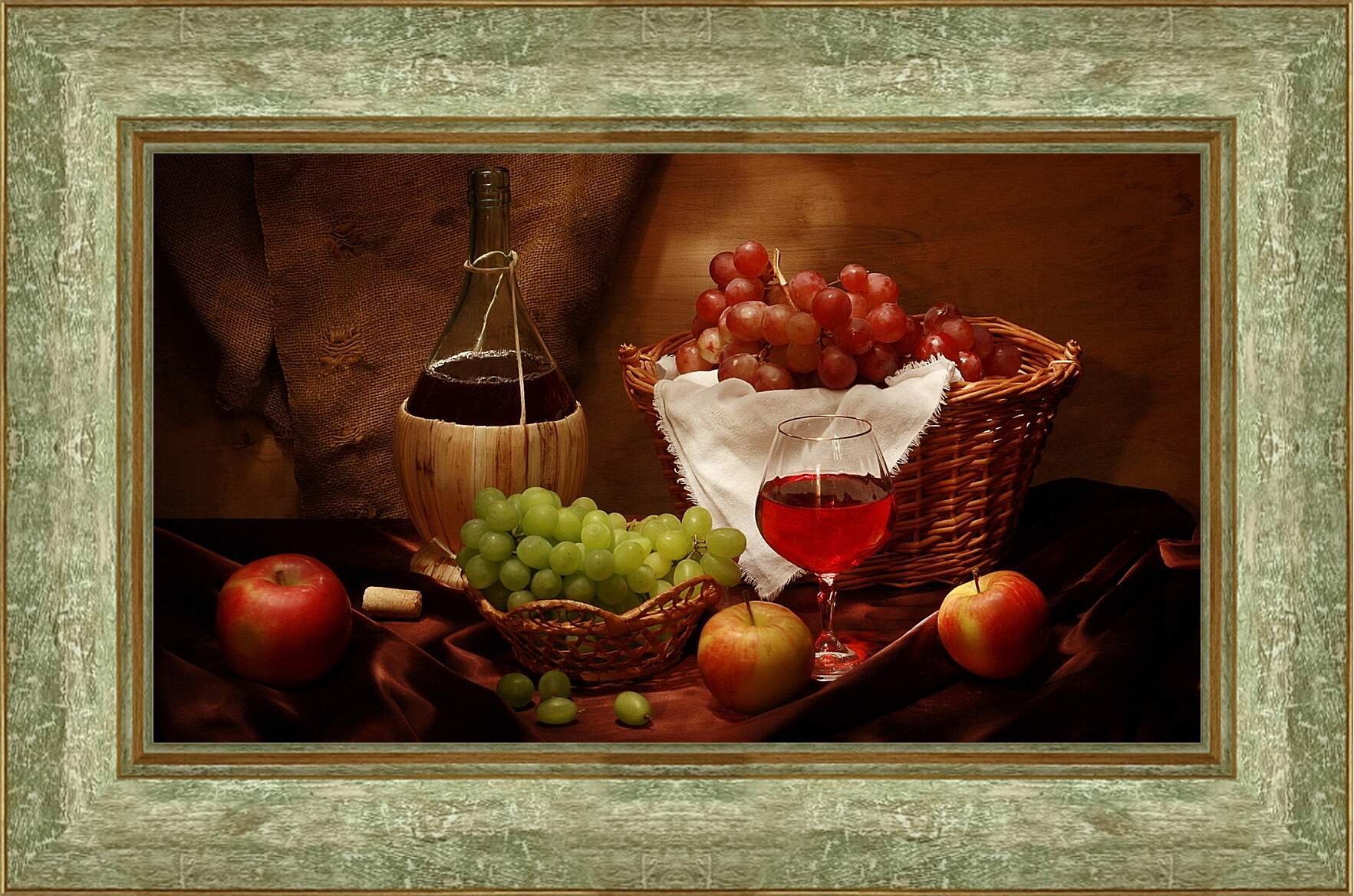 Картина в раме - Бутылка вина с бокалом и фрукты