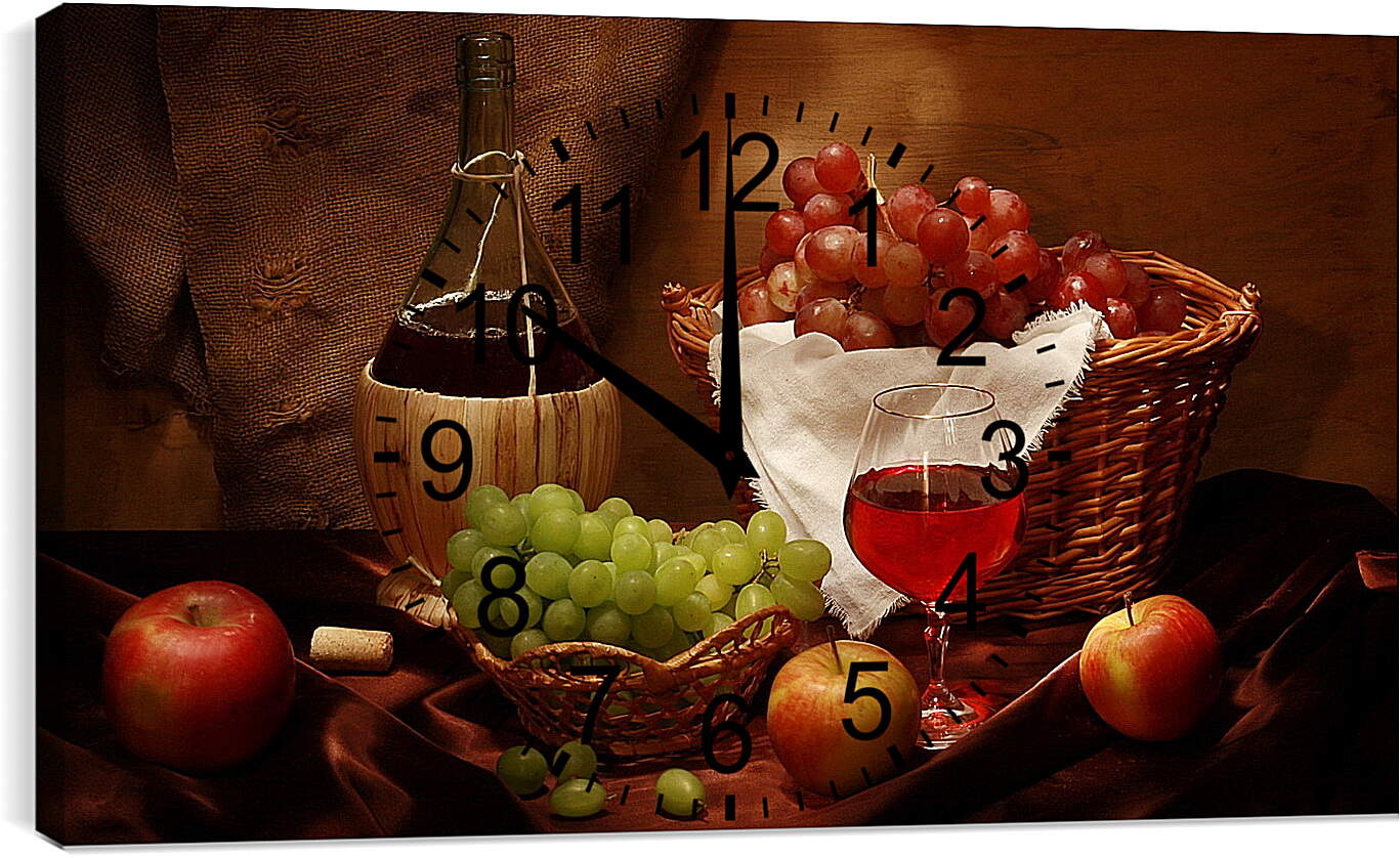 Часы картина - Бутылка вина с бокалом и фрукты
