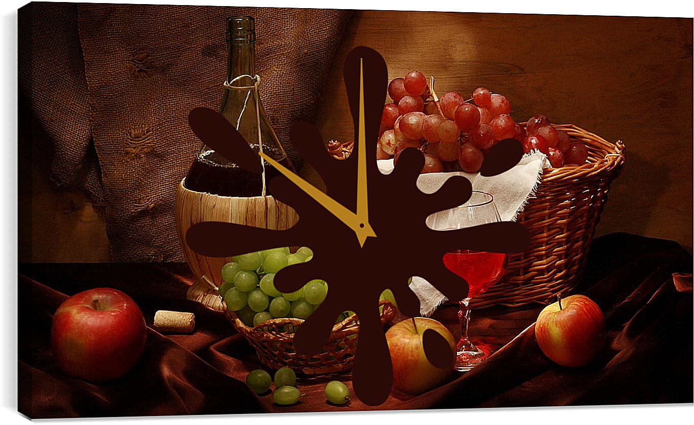 Часы картина - Бутылка вина с бокалом и фрукты