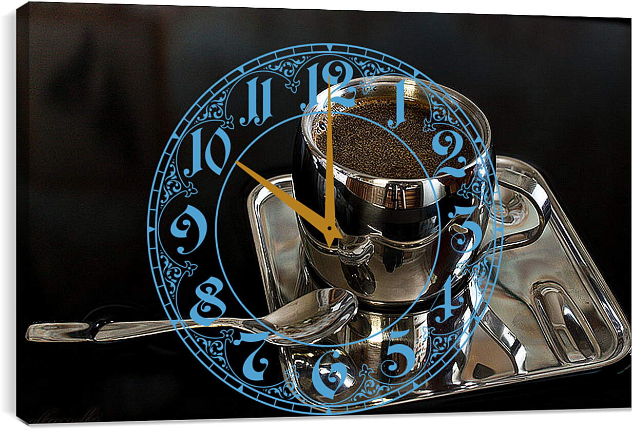 Часы картина - Чашка кофе на подносе с чайной ложкой