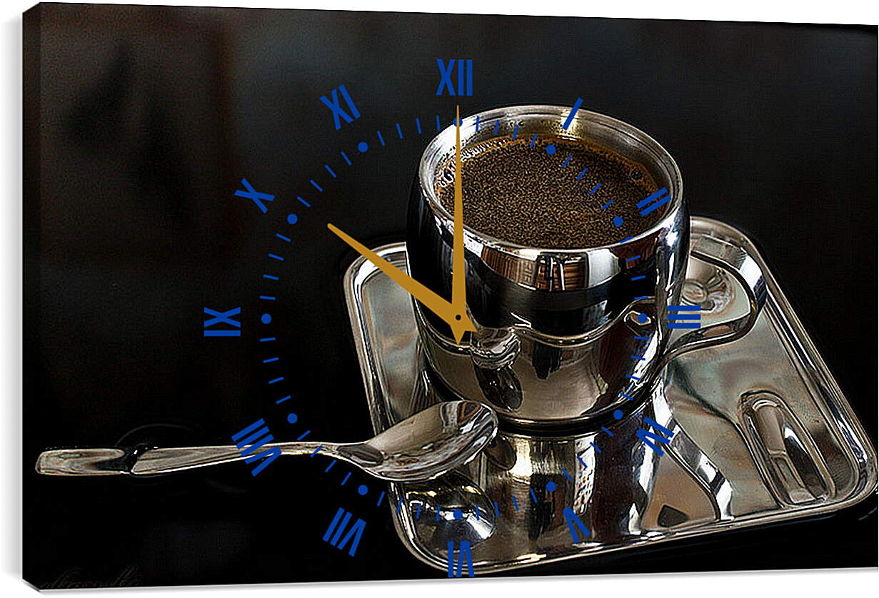 Часы картина - Чашка кофе на подносе с чайной ложкой