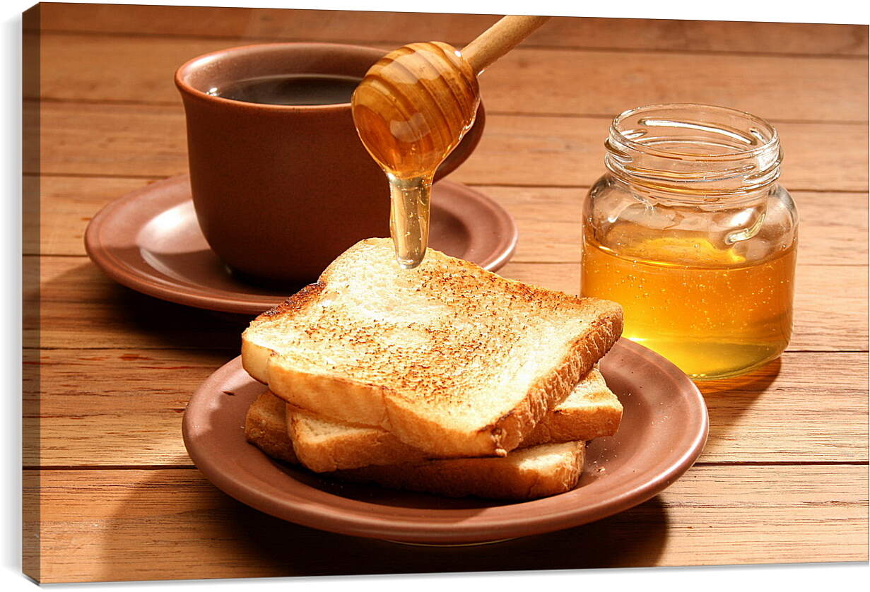 Постер и плакат - Чашечка кофе с мёдом и хрустящим хлебом