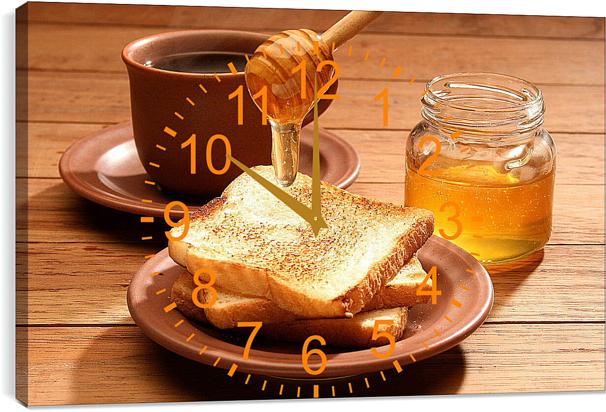 Часы картина - Чашечка кофе с мёдом и хрустящим хлебом