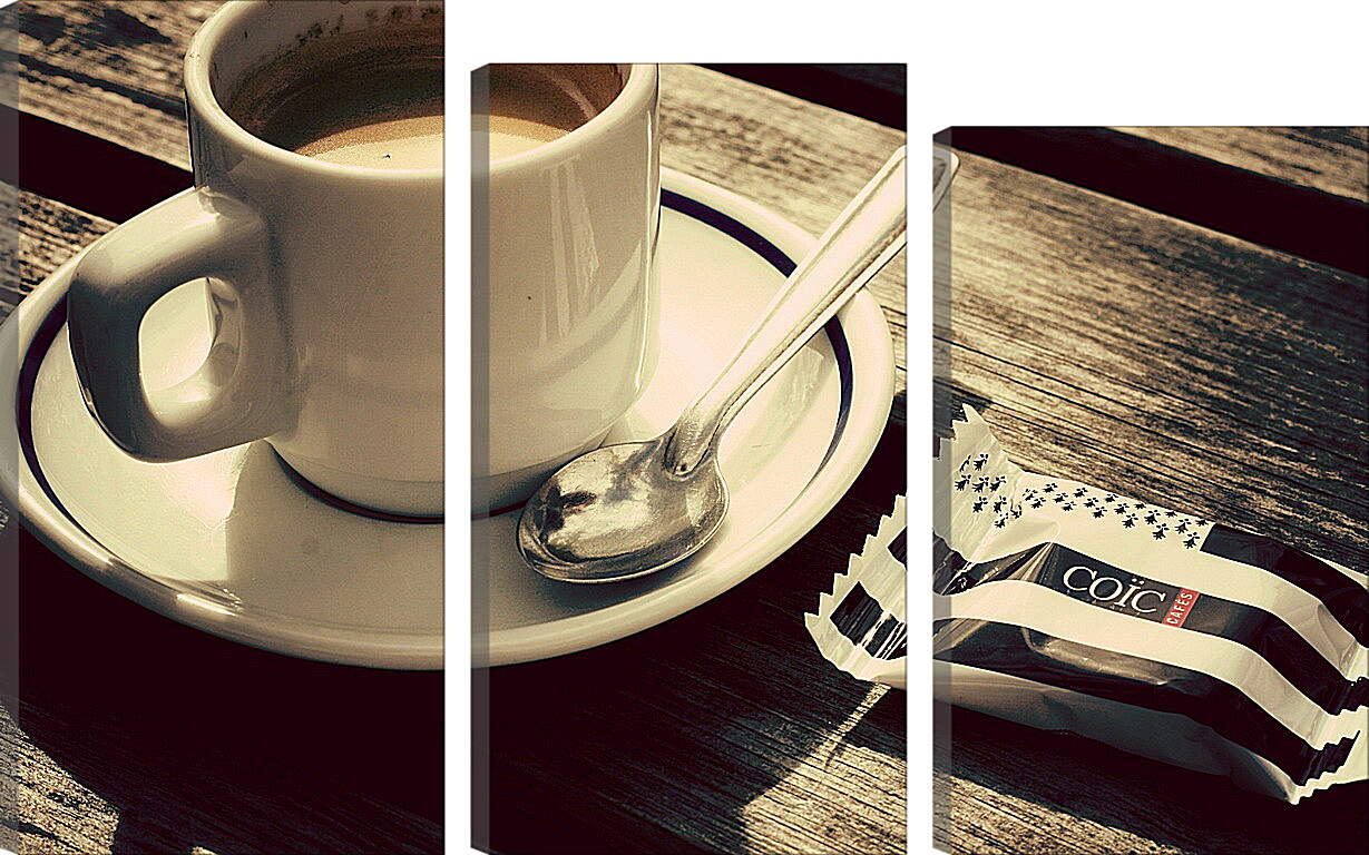 Модульная картина - Чашка кофе и чайная ложка на блюдце