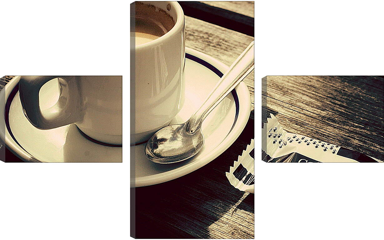 Модульная картина - Чашка кофе и чайная ложка на блюдце
