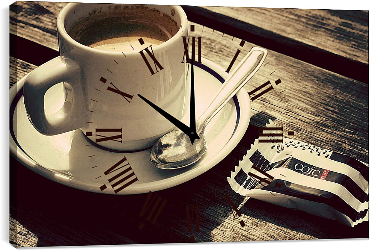 Часы картина - Чашка кофе и чайная ложка на блюдце