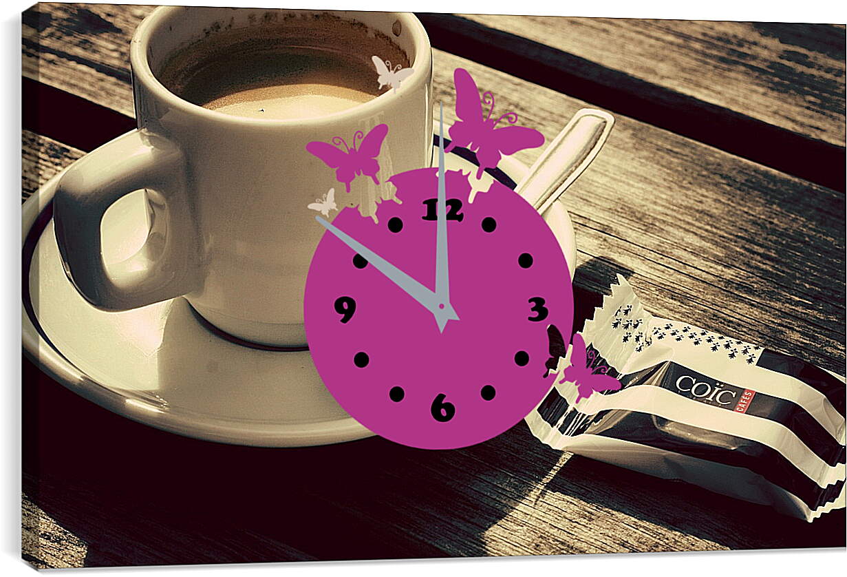 Часы картина - Чашка кофе и чайная ложка на блюдце
