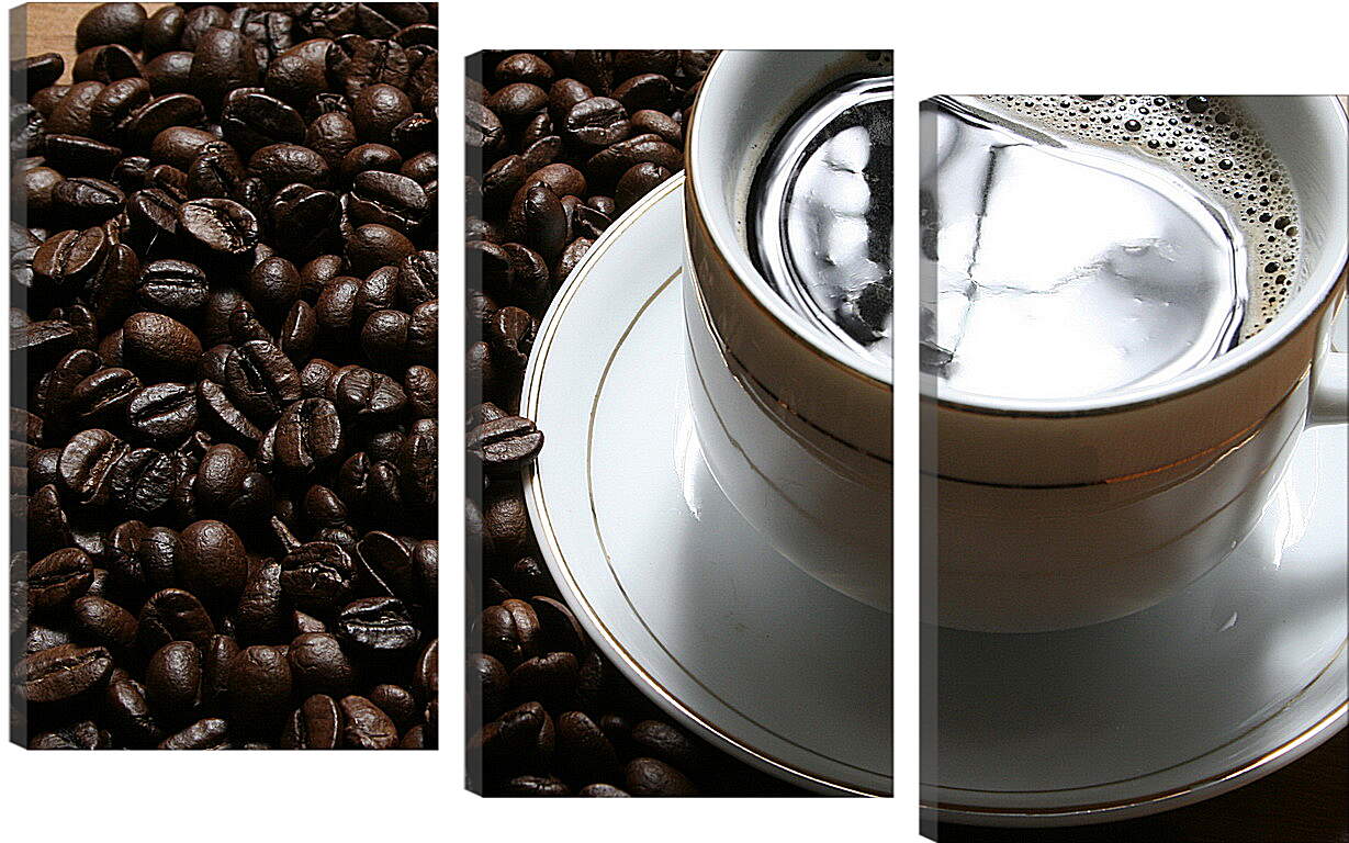 Модульная картина - Чашка кофе и зёрна на столе