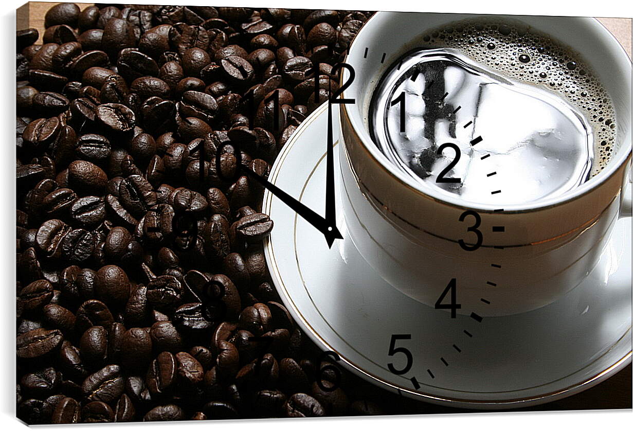 Часы картина - Чашка кофе и зёрна на столе