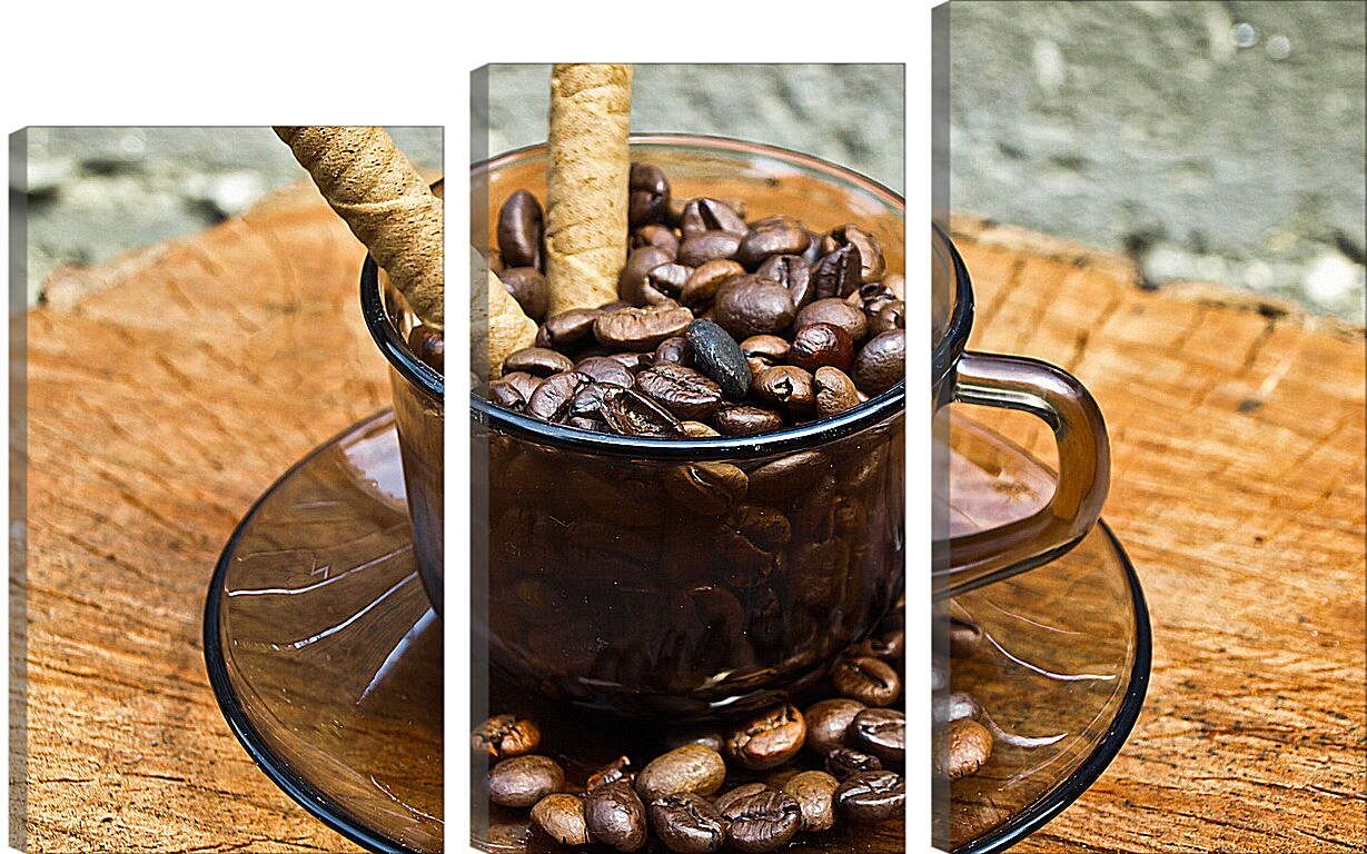 Модульная картина - Зёрна кофе в чашке на блюдце и сладкие палочки