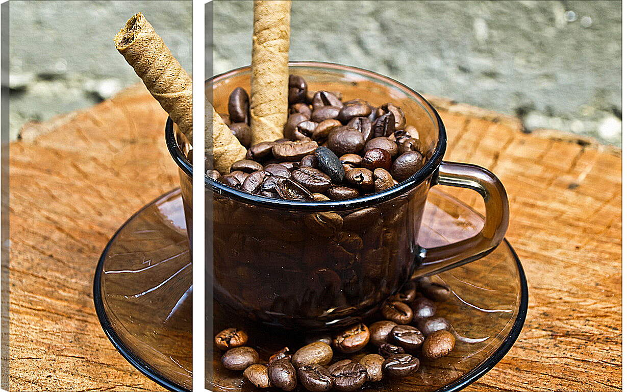 Модульная картина - Зёрна кофе в чашке на блюдце и сладкие палочки