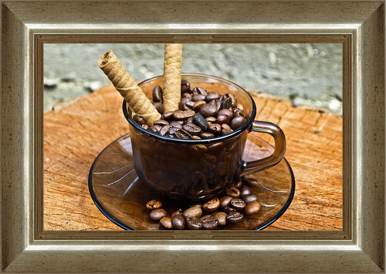 Картина в раме - Зёрна кофе в чашке на блюдце и сладкие палочки