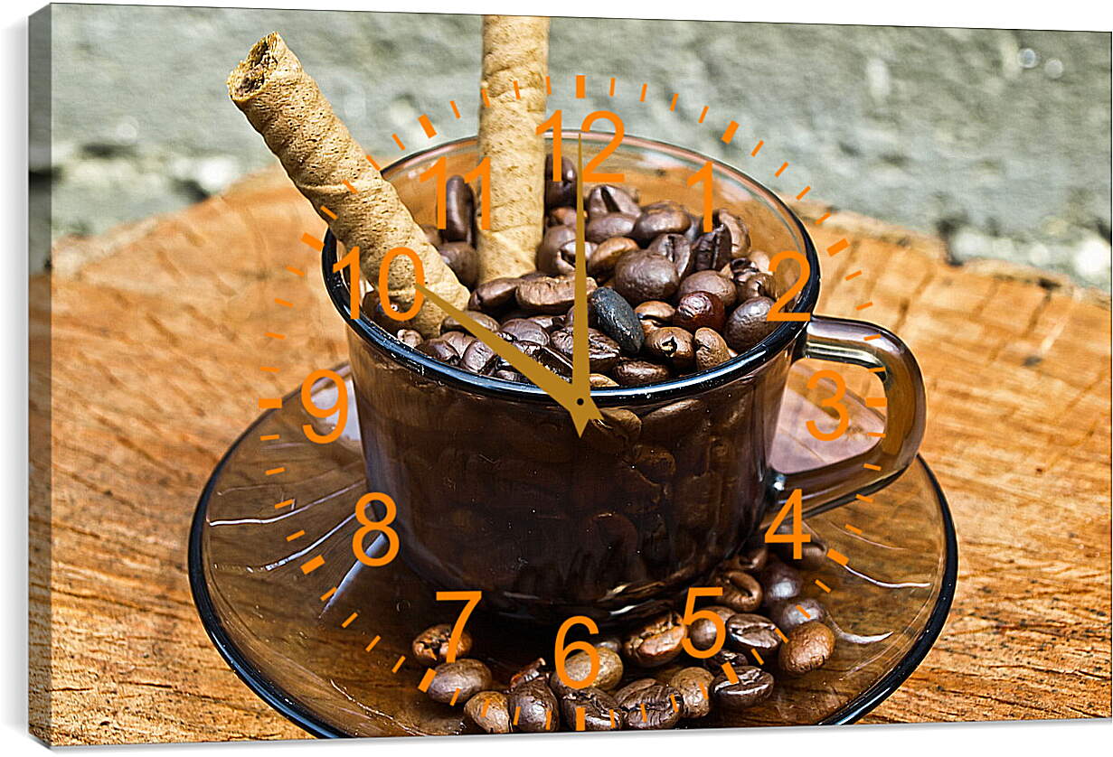 Часы картина - Зёрна кофе в чашке на блюдце и сладкие палочки