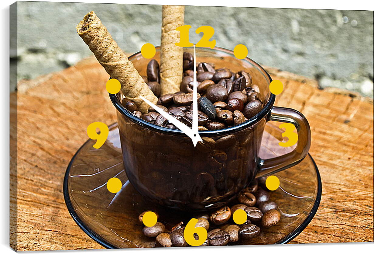 Часы картина - Зёрна кофе в чашке на блюдце и сладкие палочки