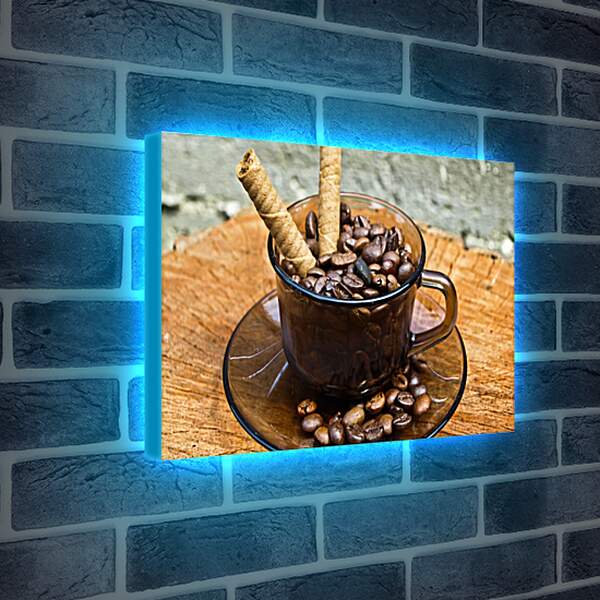 Лайтбокс световая панель - Зёрна кофе в чашке на блюдце и сладкие палочки