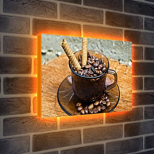 Лайтбокс световая панель - Зёрна кофе в чашке на блюдце и сладкие палочки