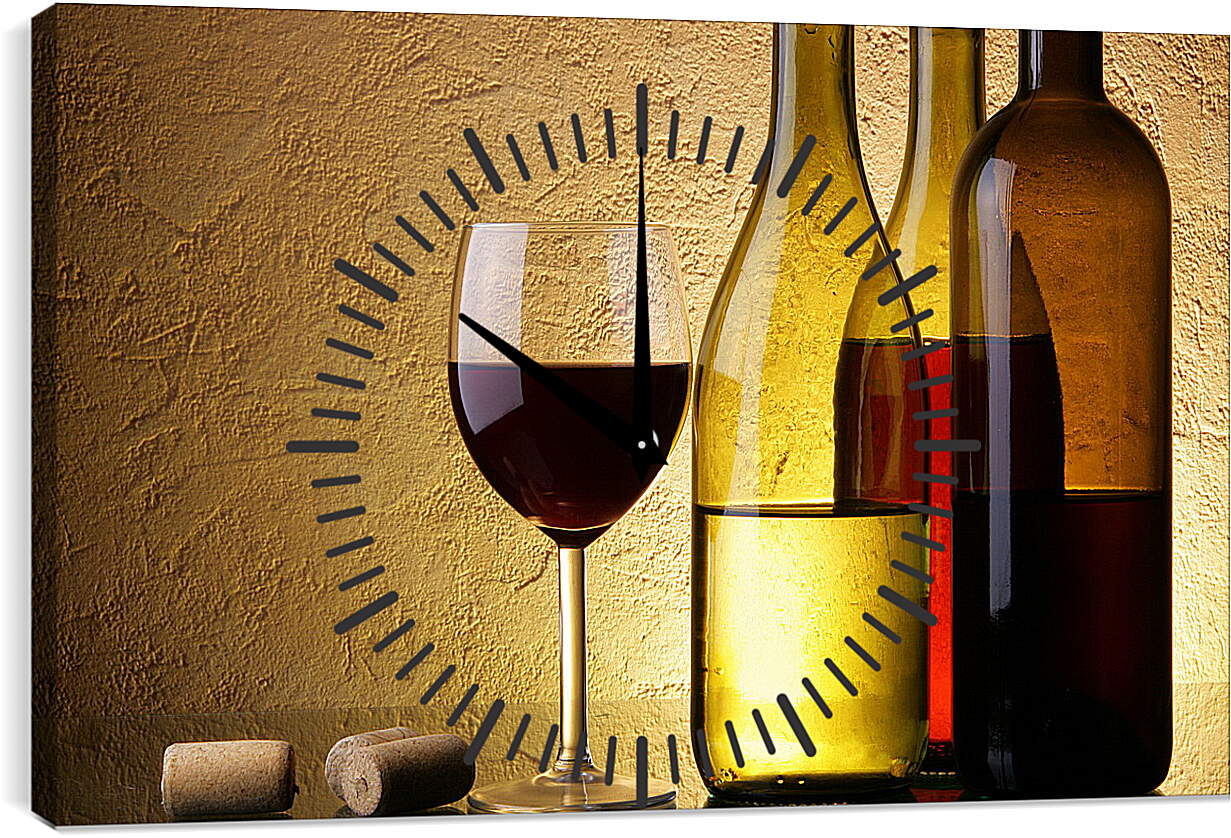 Часы картина - Две бутылки с вином и бокал