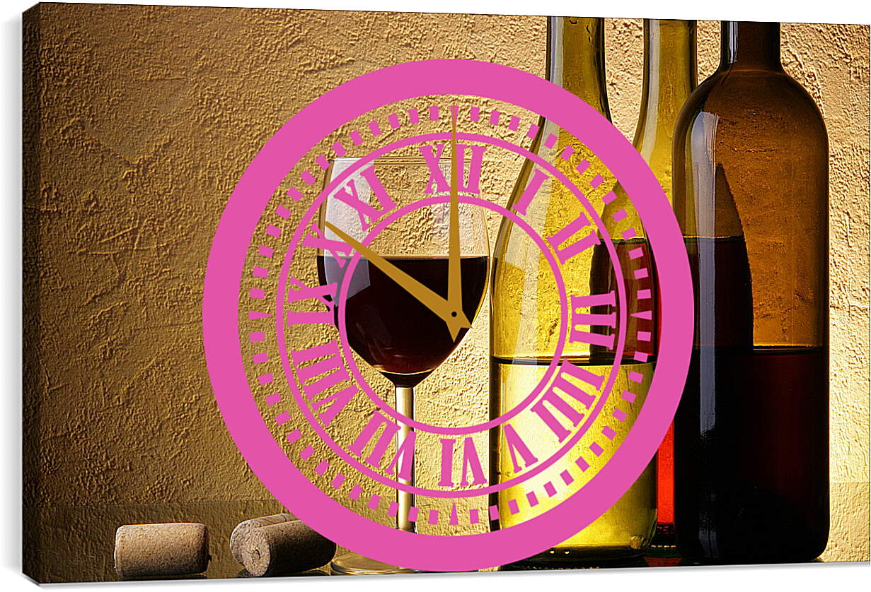 Часы картина - Две бутылки с вином и бокал