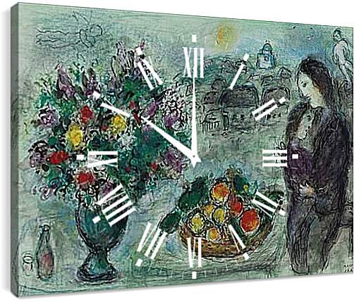 Часы картина - FLEURS  ET  CORBEILLE  DE  FRUITS. (Цветы и корзина фруктов) Марк Шагал