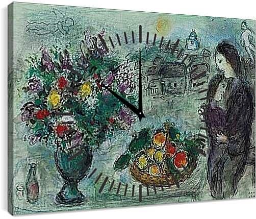 Часы картина - FLEURS  ET  CORBEILLE  DE  FRUITS. (Цветы и корзина фруктов) Марк Шагал