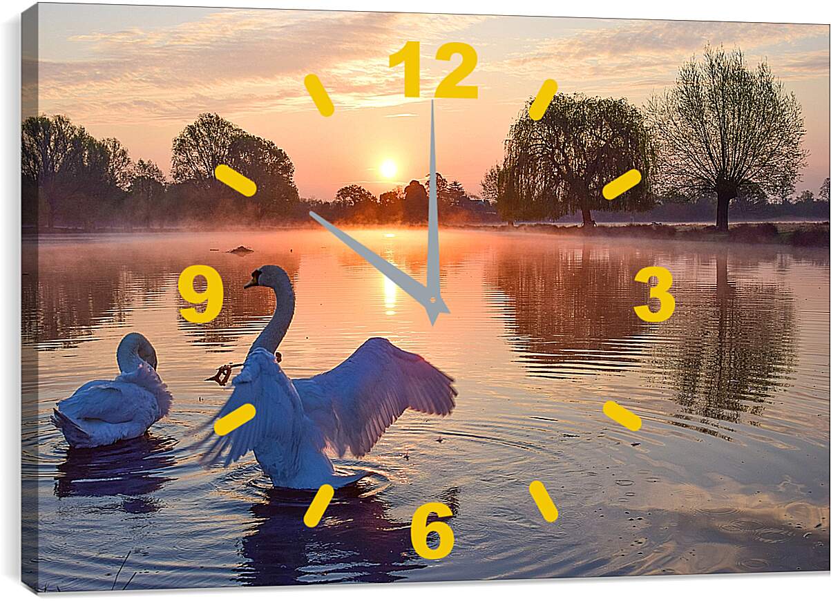 Часы картина - Лебеди на закате