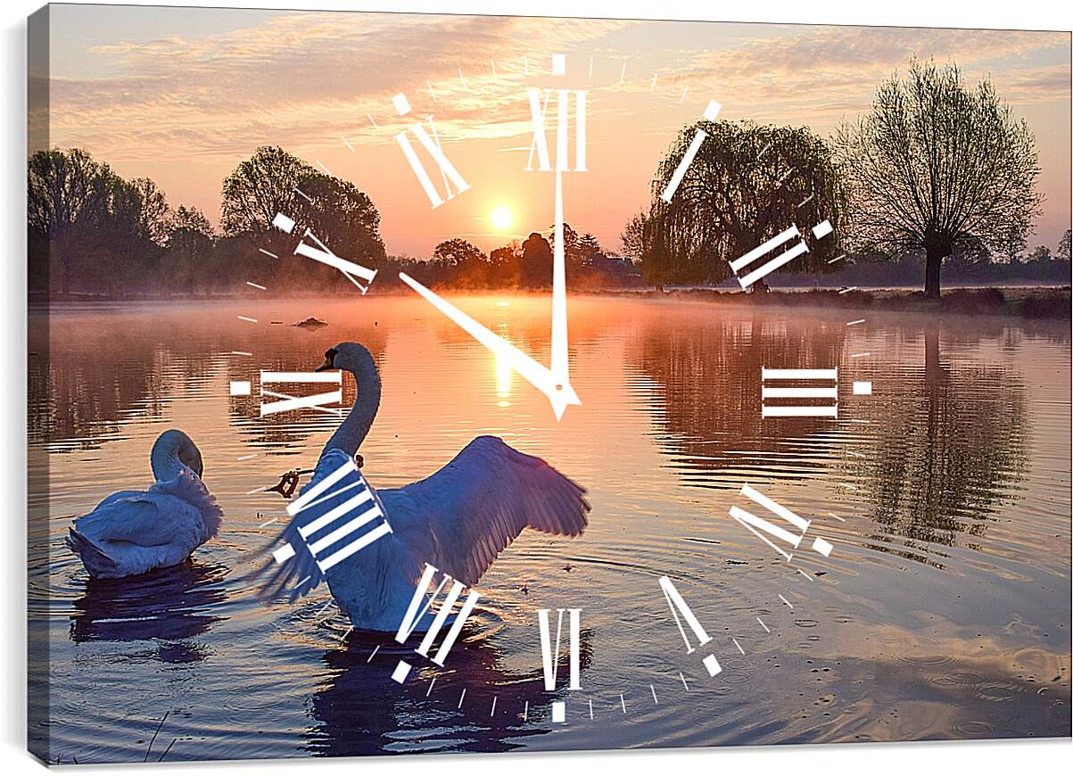 Часы картина - Лебеди на закате