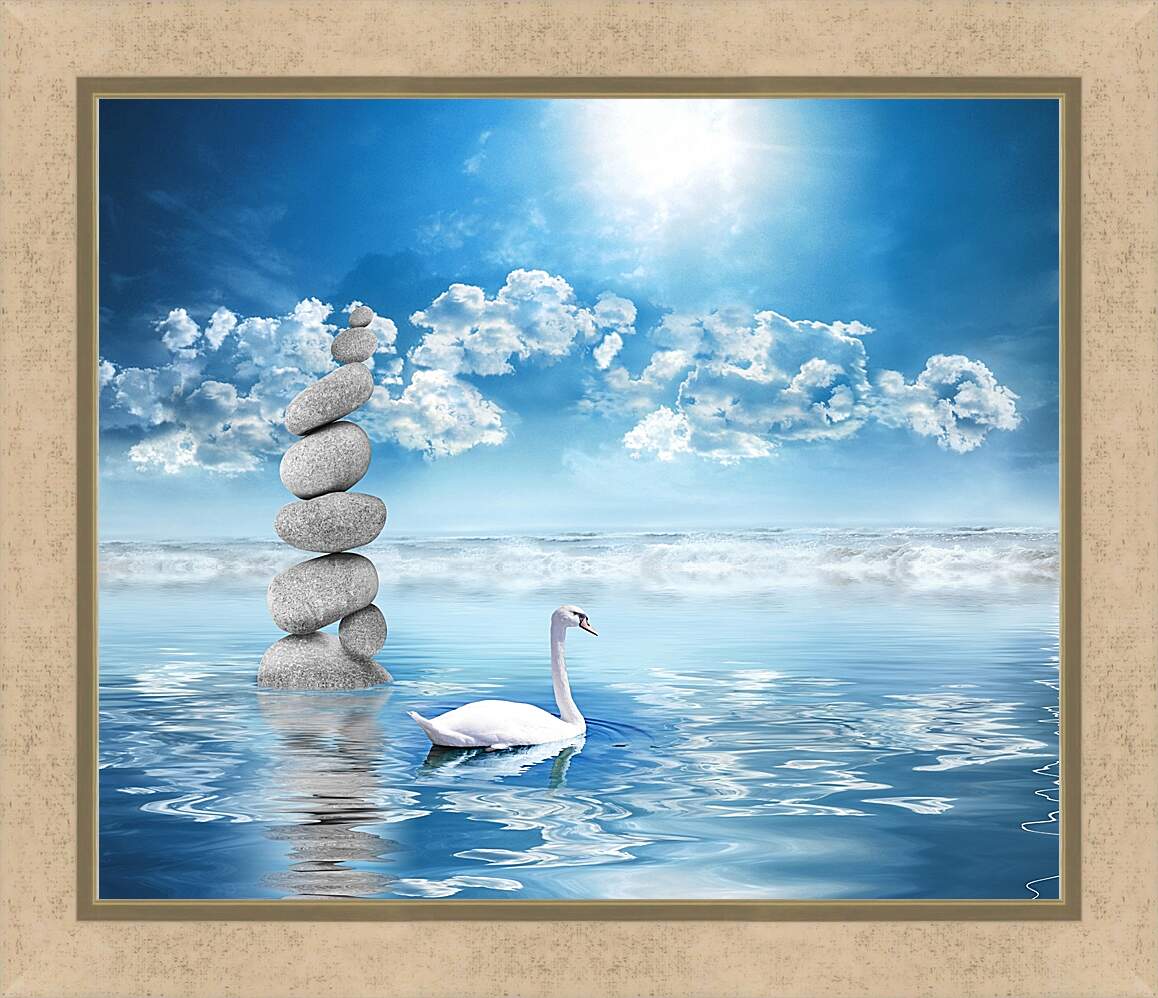 Картина в раме - Лебедь на воде