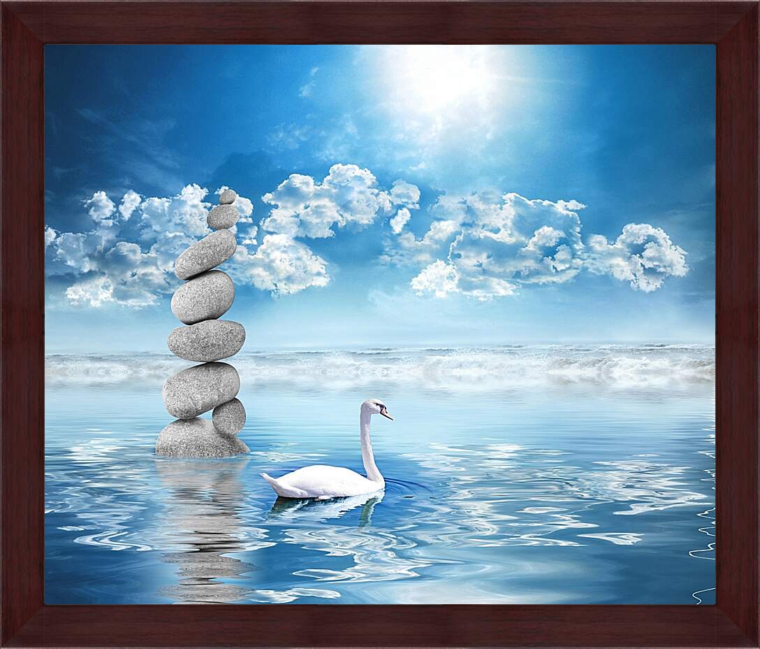 Картина в раме - Лебедь на воде