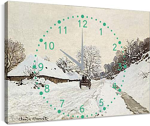 Часы картина - A Cart on the Snowy Road at Honfleu. Клод Моне