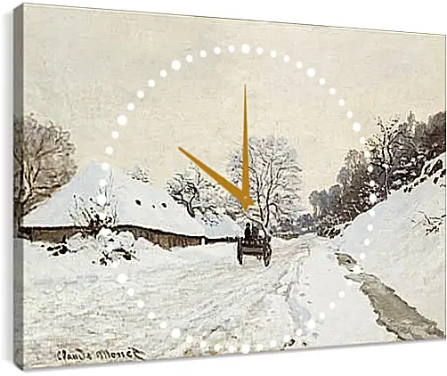 Часы картина - A Cart on the Snowy Road at Honfleu. Клод Моне