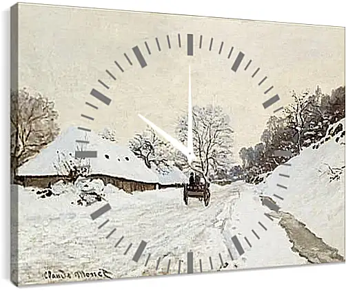 Часы картина - A Cart on the Snowy Road at Honfleu. Клод Моне