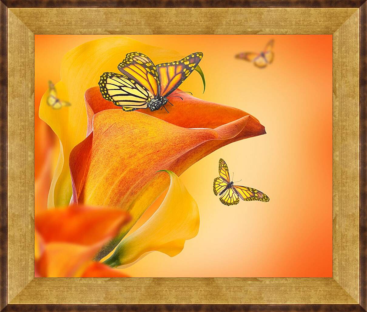 Картина в раме - Бабочка опыляет цветок