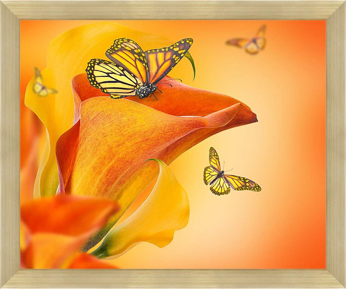Картина в раме - Бабочка опыляет цветок