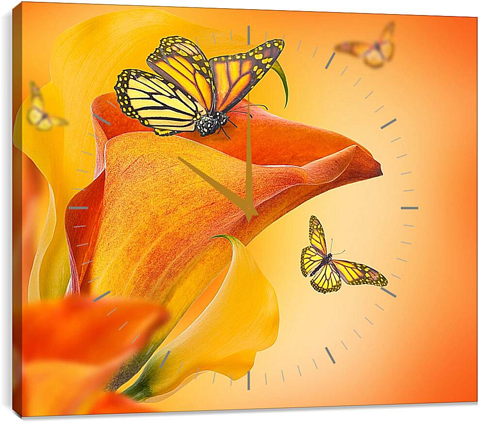 Часы картина - Бабочка опыляет цветок