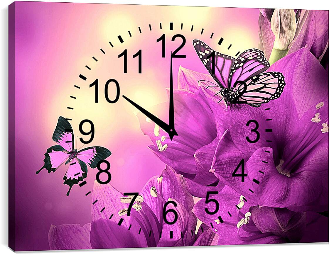 Часы картина - Бабочки на сиреневом фоне