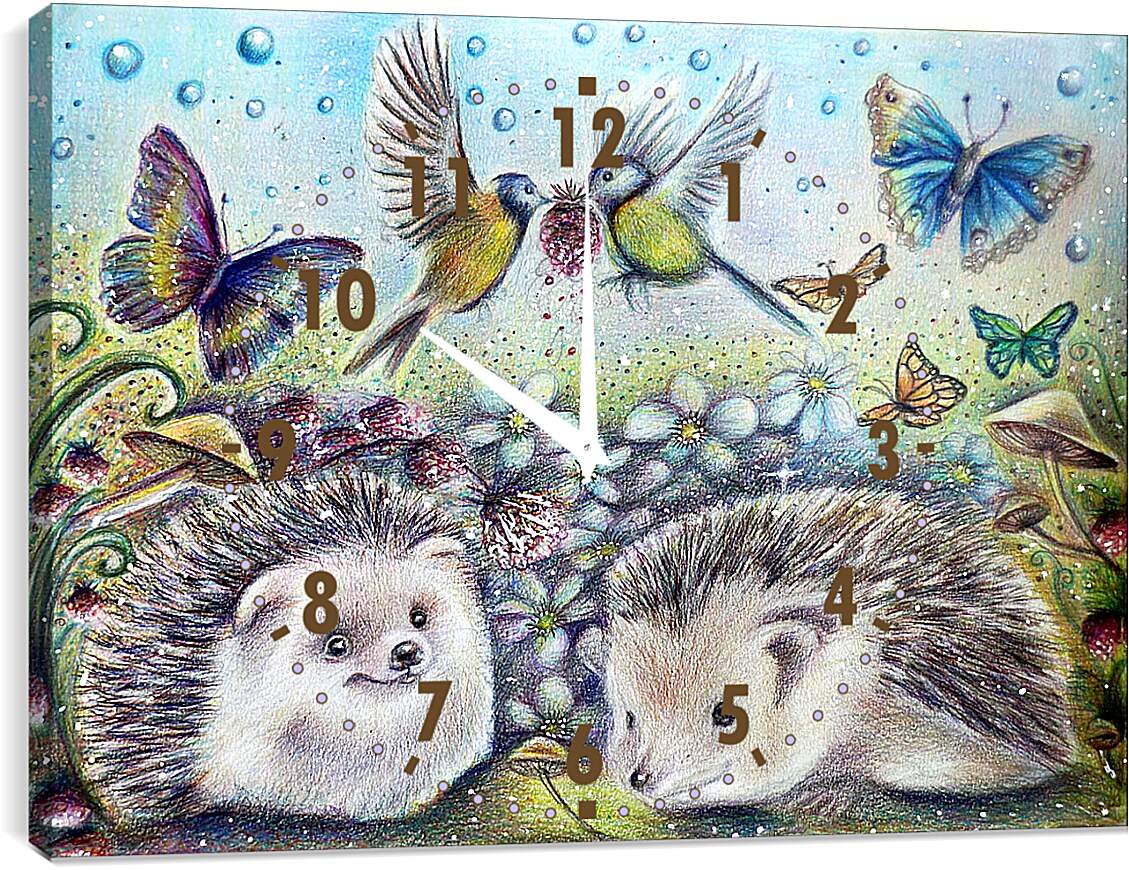 Часы картина - Два ежа и бабочка