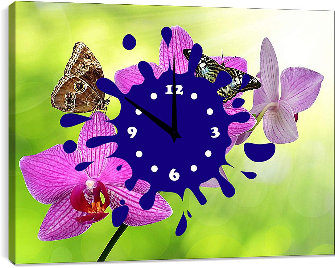 Часы картина - Две бабочки на орхидее
