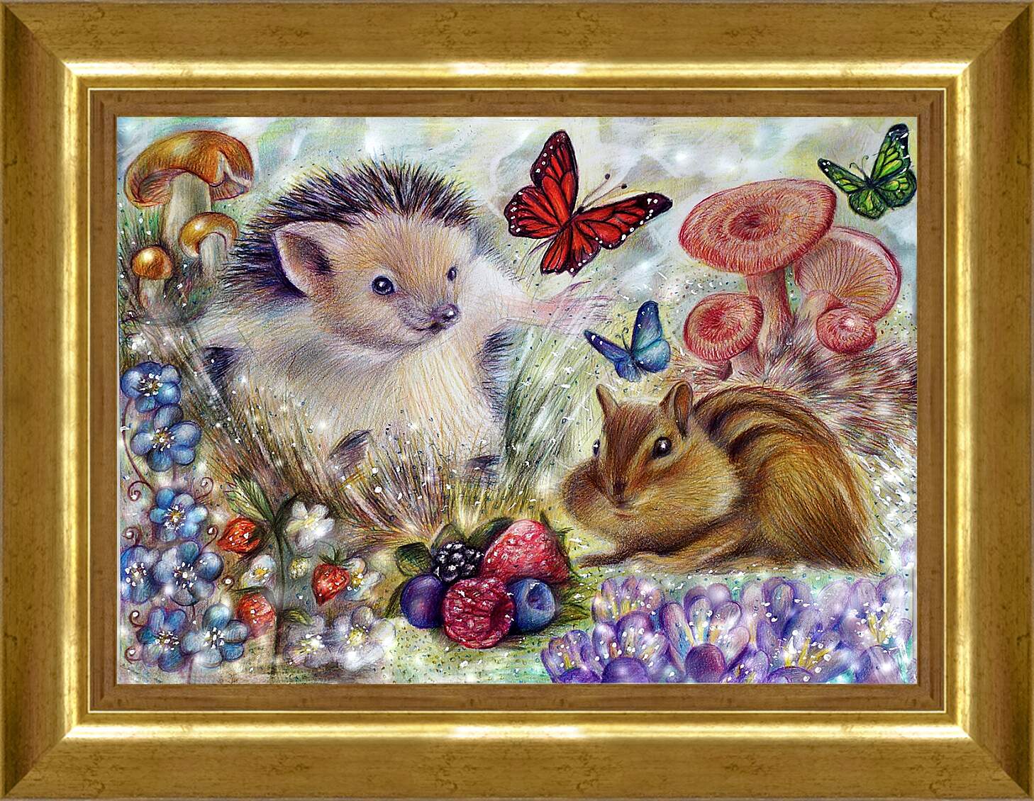 Картина в раме - Еж, барсук и бабочки