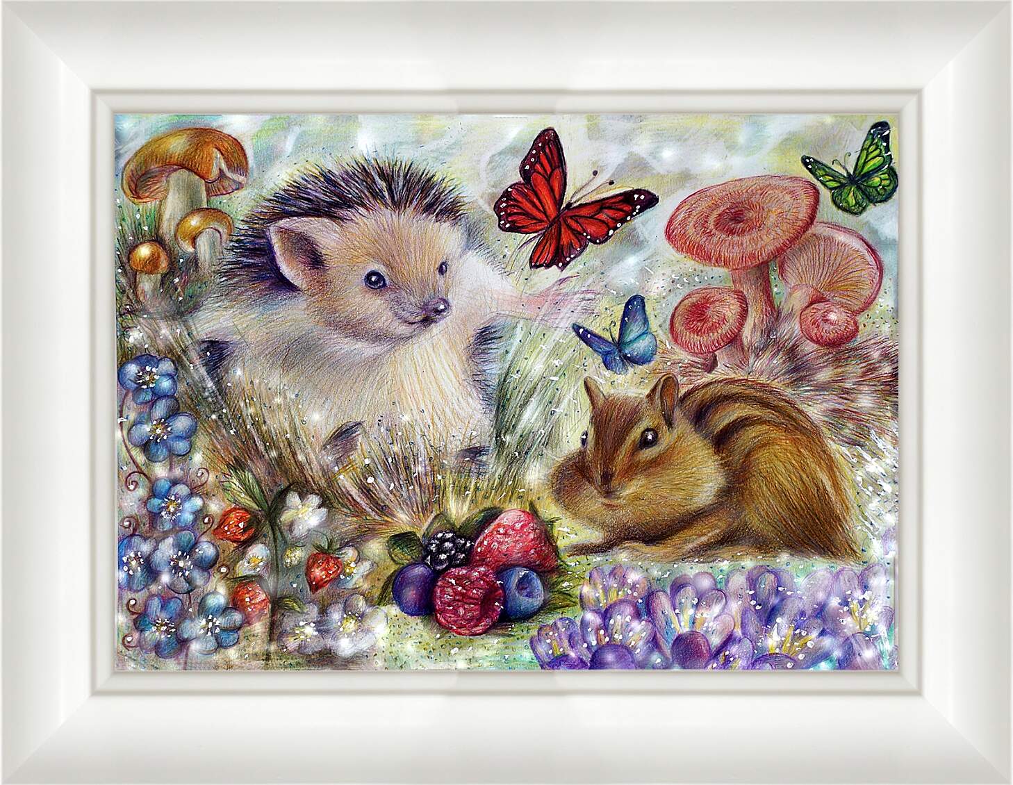 Картина в раме - Еж, барсук и бабочки