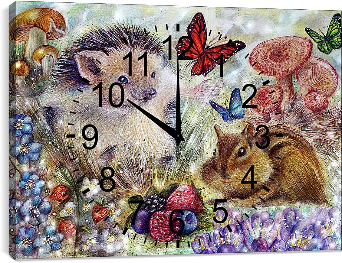 Часы картина - Еж, барсук и бабочки