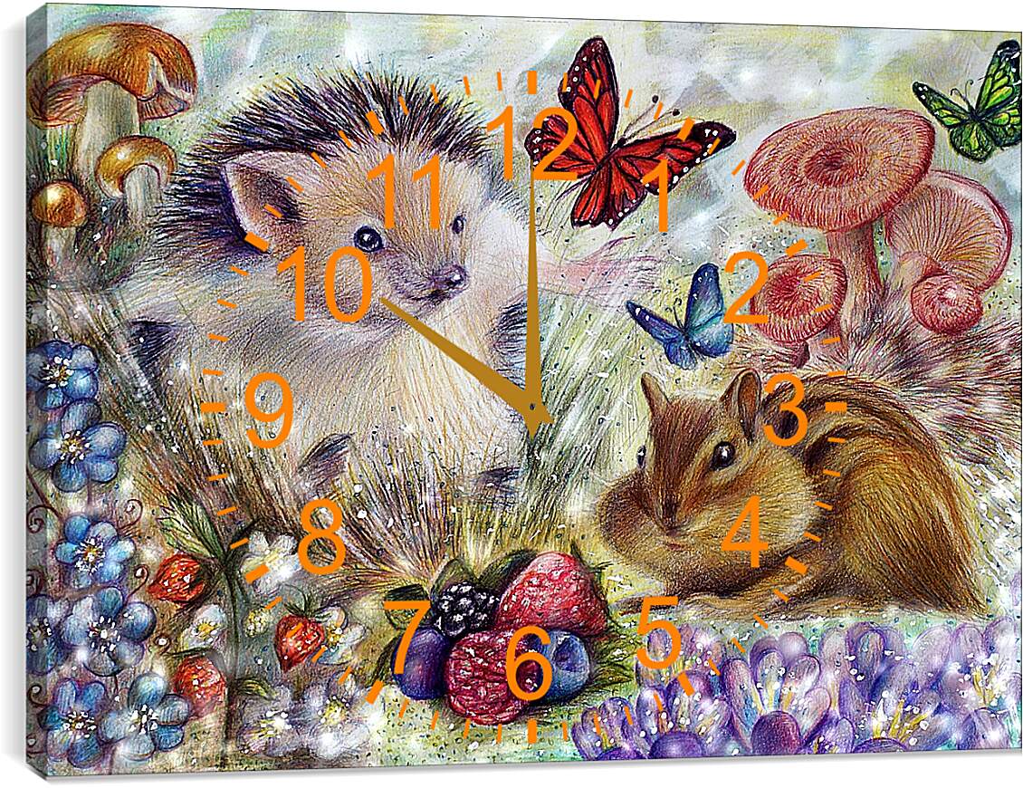 Часы картина - Еж, барсук и бабочки