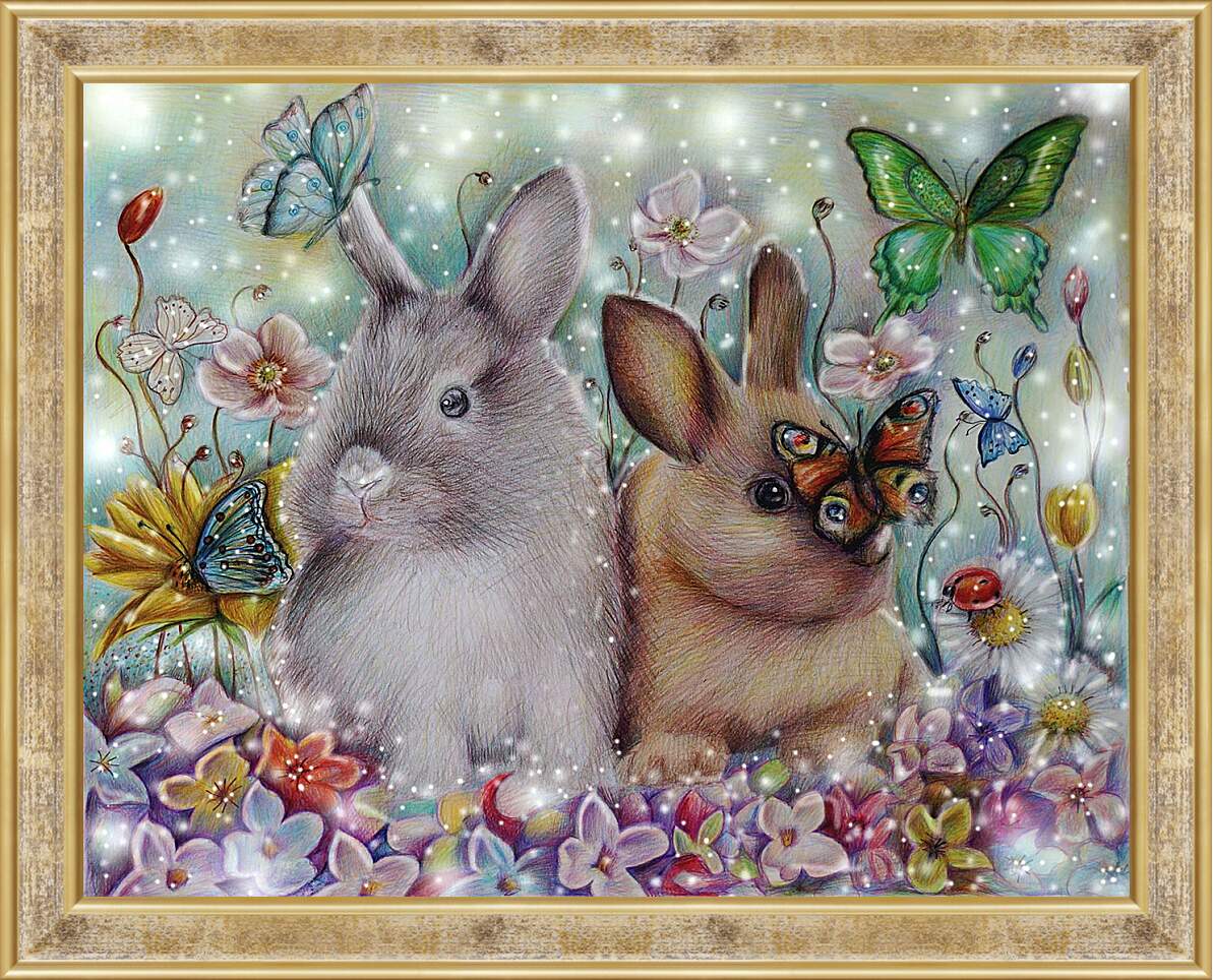 Картина в раме - Зайчата и бабочки