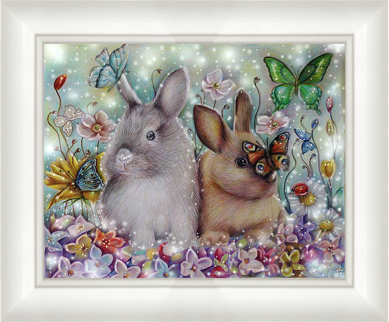 Картина в раме - Зайчата и бабочки